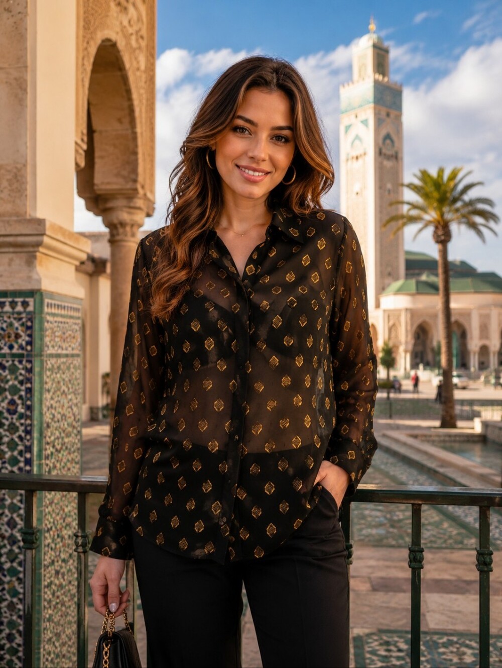 NWT Chico's Sheer Black Button-Down Blouse with Gold Geometric Print Size 3